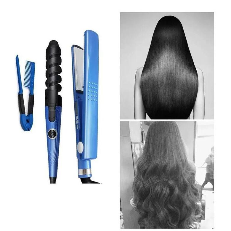 Kit profissional 3 em 1 com prancha de cabelo, modelador de cachos e pente anti estática