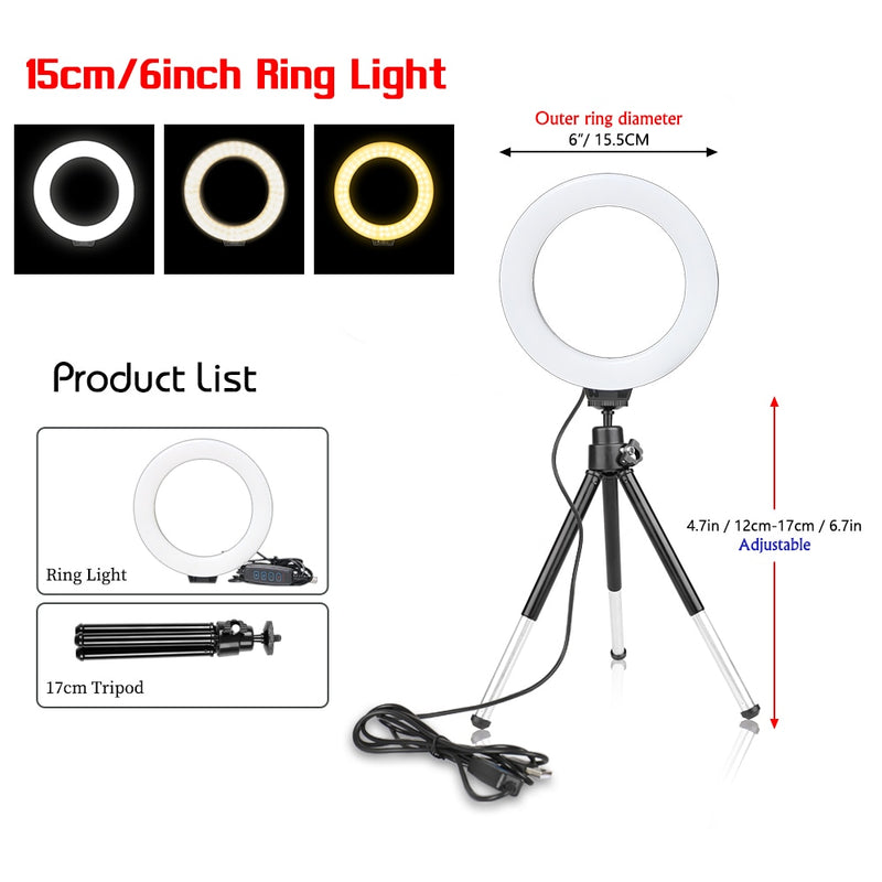 SH 16 cm 6 polegadas anel de luz com tripé carga usb lâmpada led selfie luz de fotografia regulável para fotografia estúdio de fotografia