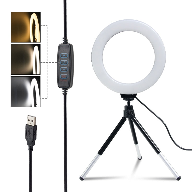 SH 16 cm 6 polegadas anel de luz com tripé carga usb lâmpada led selfie luz de fotografia regulável para fotografia estúdio de fotografia