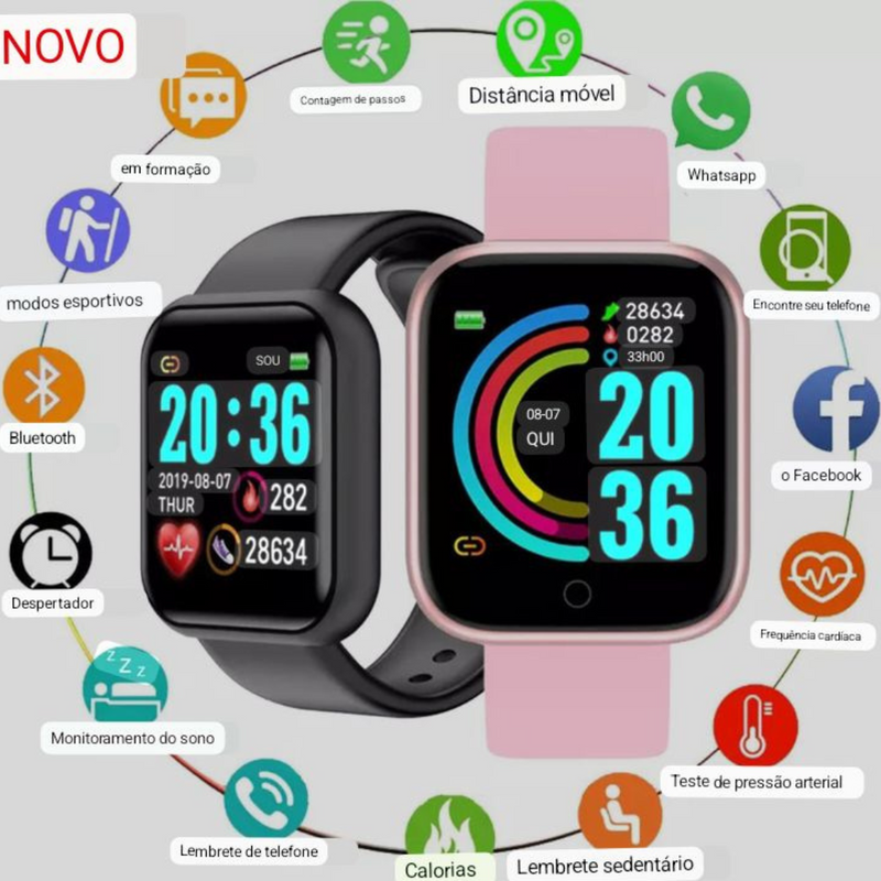 Smartwatch D20 Relógio Inteligente Monitor Cardíaco Fitness para homens Mulheres Relógios a prova d'água